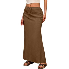 (L, coffee) Boho Style Maxi Skirt High Waist Adjustable Drawstring Long Skirt