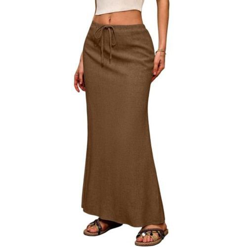 (L, coffee) Boho Style Maxi Skirt High Waist Adjustable Drawstring Long Skirt