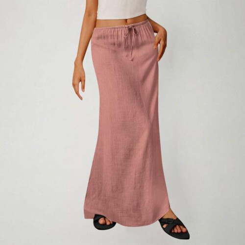 (L, coffee) Boho Style Maxi Skirt High Waist Adjustable Drawstring Long Skirt 1