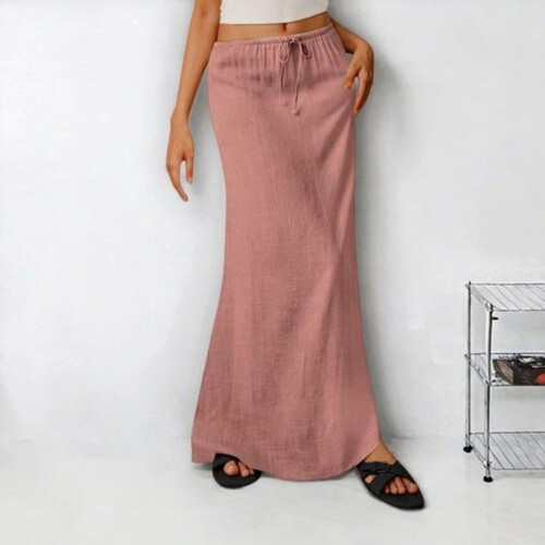 (L, coffee) Boho Style Maxi Skirt High Waist Adjustable Drawstring Long Skirt 2