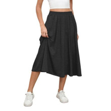 (L, black) Women Midi Skirt Elastic High Waist Large Hem Mid-calf Length Skirt