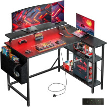 DOMSHOCT L Shaped Gaming Desk with LED Lights & Power Outlets, 100 * 80cm Small Corner Computer Table with Storage Bag
