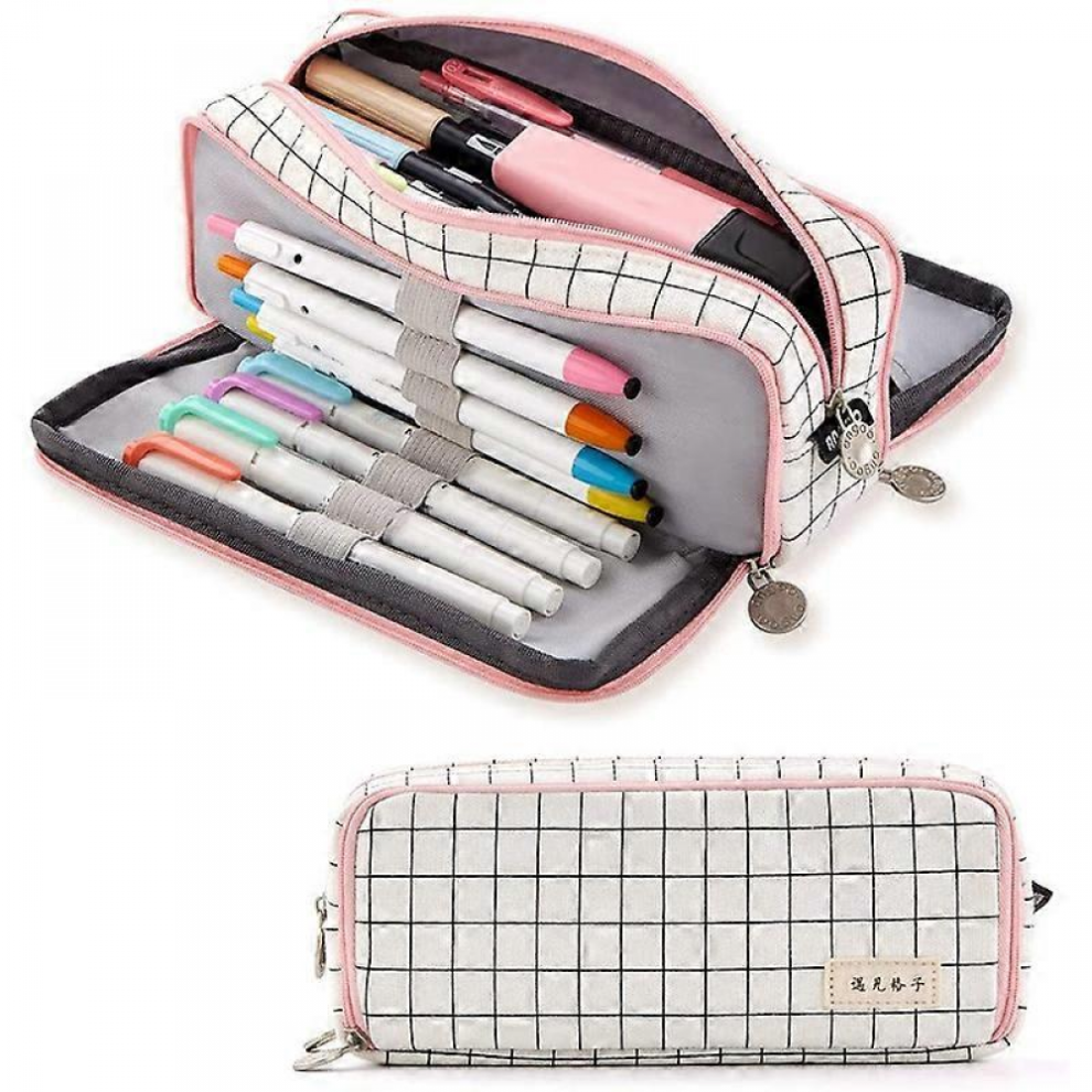 ANGOO Pencil Case Big Capacity 3 Compartments Canvas compatible with Teen,A