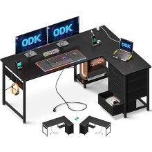 ODK Corner Desk with Drawers, Reversible L Shaped Computer Desk with Power Outlet, Office Desks with USB Charging Port and Host Stand 135×100cm