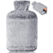 Wärmflasche mit luxuriöser, auslaufsicherer, großer Wärmflasche mit Kunstfellbezug, 2 l (grau)