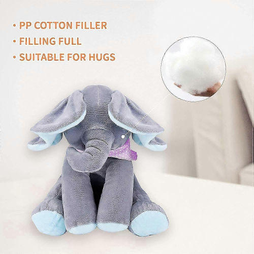 Peluche éléphant bleu chantant cache-cache, jouet musical interactif 1