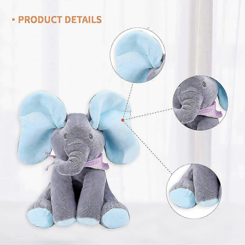Peluche éléphant bleu chantant cache-cache, jouet musical interactif 2