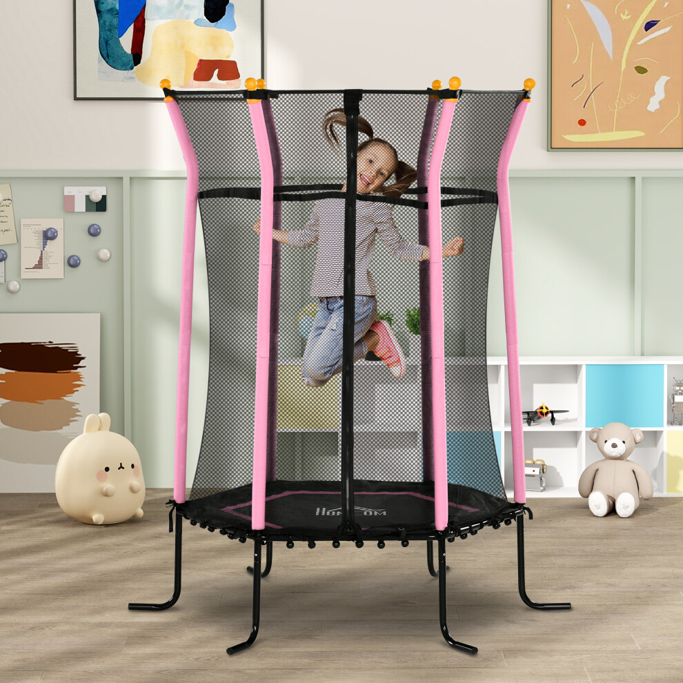 Homcom 5.4Ft Kids Trampoline With Enclosure Indoor For 3-10 Years Pink