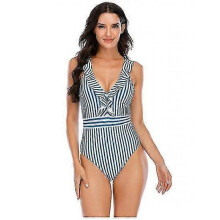 (XL, Bule) Women's V Neck One Piece Swimsuit Ruffled Back Cross Swimwear