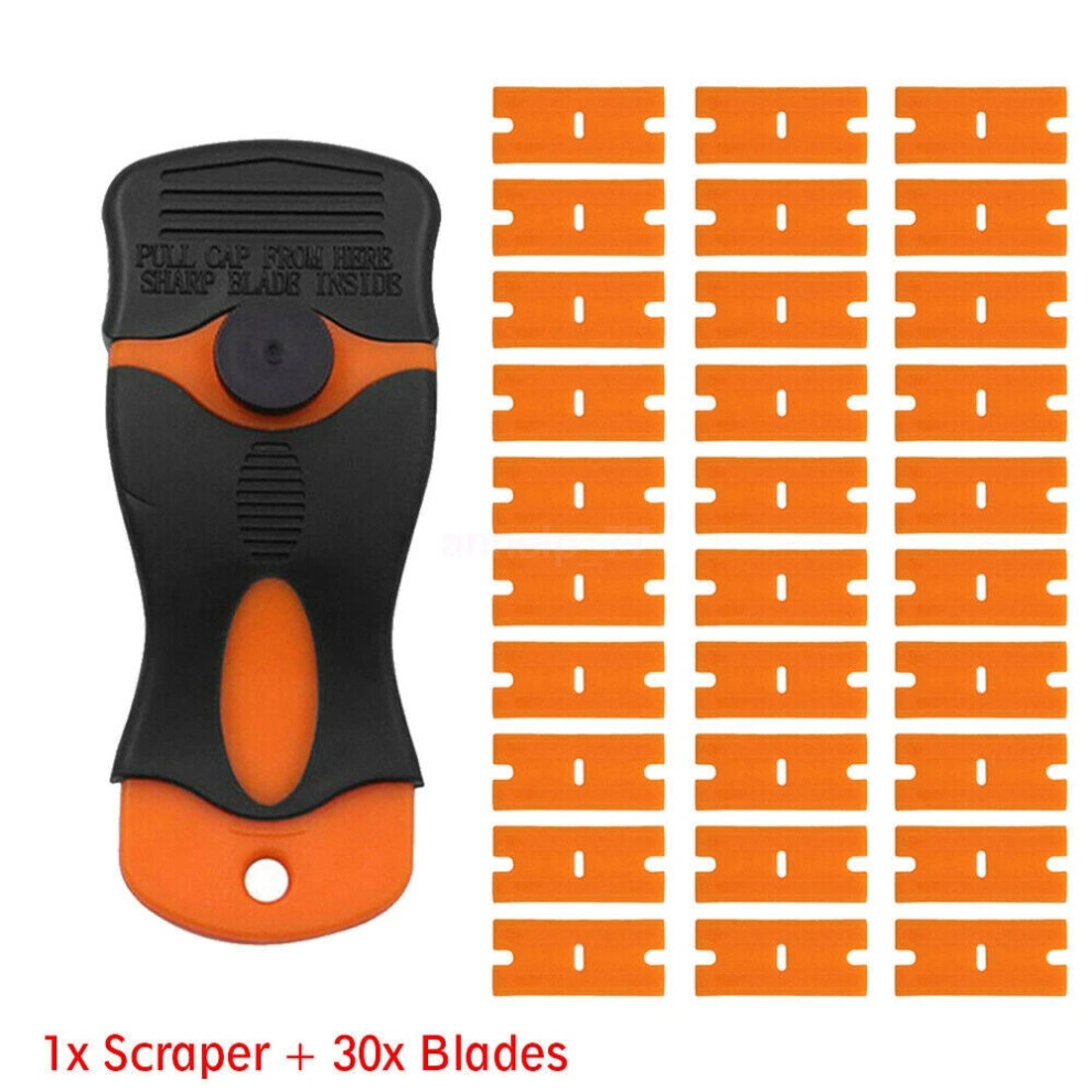 (1X Scraper + 30 X Blades) Plastic Razor Blade Paint Glue Adhesive Scraper & 10-100Pcs Blades Cleaner Tools 4069369104732