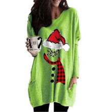 (B, S) Women The Grinch Long Sleeve T-shirt V-neck Blouse Baggy Pullover Casual Longline Tops With Pockets