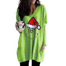 (A, S) Women The Grinch Long Sleeve T-shirt V-neck Blouse Baggy Pullover Casual Longline Tops With Pockets