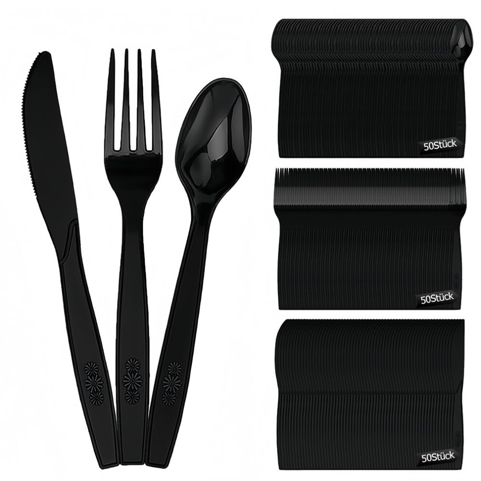 (Black)Plastic Cutlery, 150 Pieces Plastic Cutlery Set, 50 Plastic compatible withks, 50 Plastic Knives and 50 Plastic Spoons, Party Cutlery