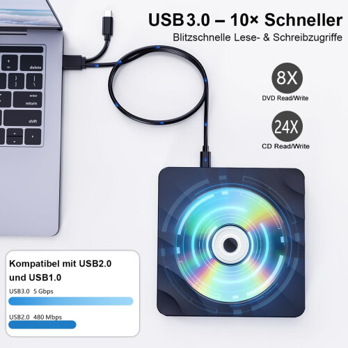 (Schwarz)QDSYLQ Εξωτερική μονάδα DVD CD USB: Εξωτερική μονάδα CD εγγραφής DVD συμβατή με φορ 2