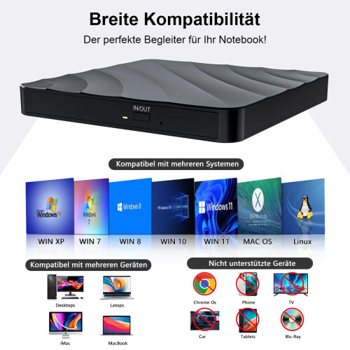 (Schwarz)QDSYLQ Εξωτερική μονάδα DVD CD USB: Εξωτερική μονάδα CD εγγραφής DVD συμβατή με φορ 1