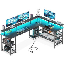 ODK L Shaped Gaming Desk with LED Lights & Power Outlets, 168×120cm Reversible Corner Desk with Storage Shelves