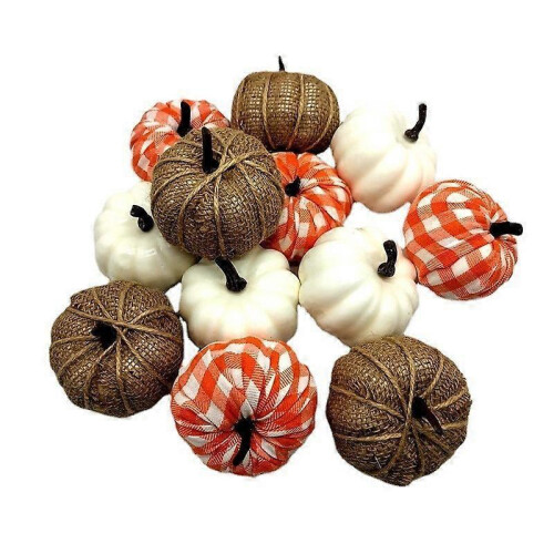 (C) 12 Pcs Thanksgiving Decorations Artificial Pumpkins, Mini White Pumpkins Burlap Lattice Pattern Pumpkins, Fall Decorations for Home 1