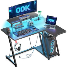 ODK Gaming Desk with LED Lights & Power Outlets, 100CM Computer Desk with Monitor Stand, Corner Desk with Hook & Storage