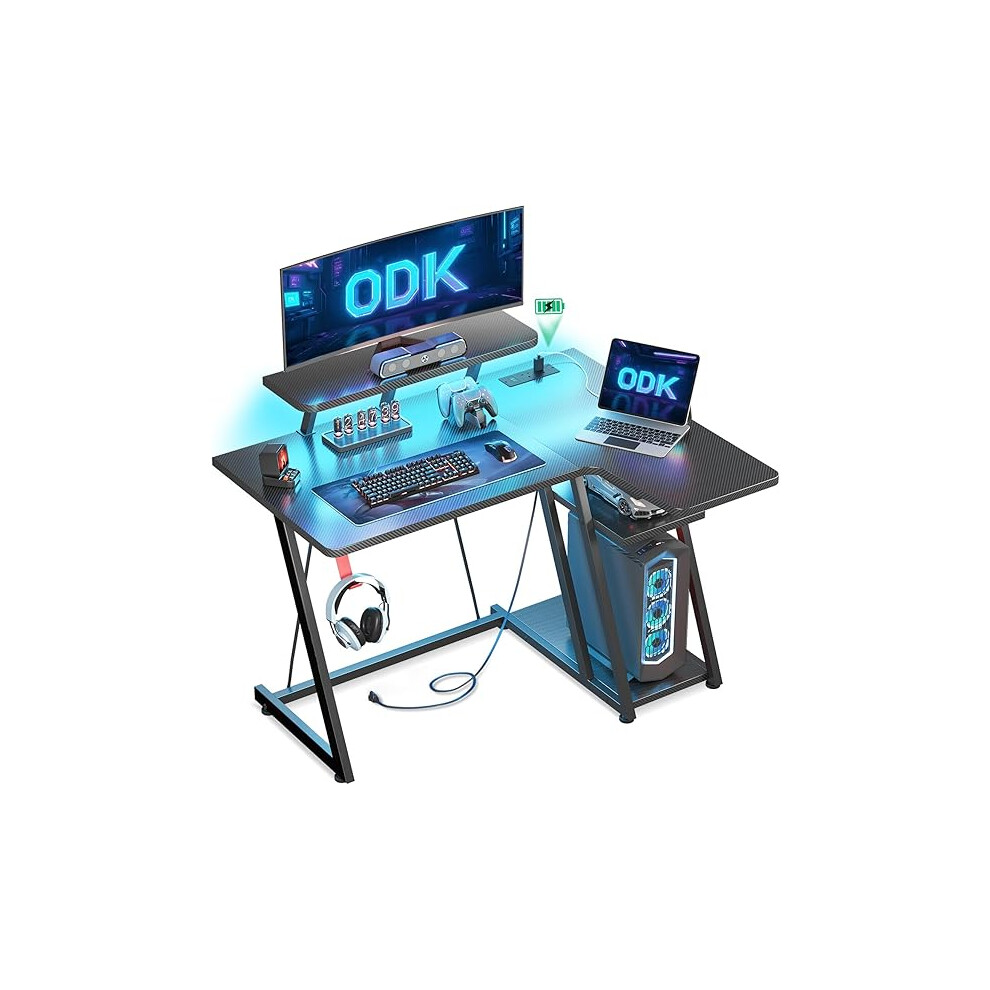 Odk Gaming Desk With Led Lights & Power Outlets, 100Cm Computer Desk With Monitor Stand, Corner Desk With Hook & Storage