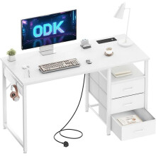 ODK 120cm Computer Desk with Drawers, Office Desk with 2 Sockets & USB Ports, Reversible PC Table with Storage