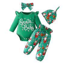 (12-18 Months, Green) Christmas Costume For Baby Christmas Baby 4 Piece Set Long Sleeve Letter Triangle Jumpsuit Christmas Pants Hat And Hair Band