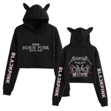 (XS, black) Black Pink Korean Group Peripheral Printed Casual Navel-baring Cat Ears Sweatshirt For Girls