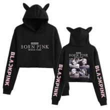 (S, Black B) Black Pink Korean Group Peripheral Printed Casual Navel-baring Cat Ears Sweatshirt For Girls
