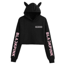 (L, Black D) Black Pink Korean Group Peripheral Printed Casual Navel-baring Cat Ears Sweatshirt For Girls
