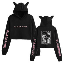(XXL, Black A) Black Pink Korean Group Peripheral Printed Casual Navel-baring Cat Ears Sweatshirt For Girls