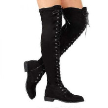 (40) Lace Up Over Knee Boots Women Low Heel Boots Winter Flock Knee High Flats Shoes
