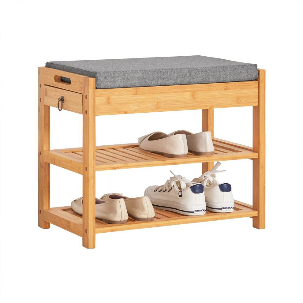 SoBuy FSR49-N Bamboo Shoe Rack & Lift-Top Bench, 2-Tier Shelf + Drawer, Grey Cushioned Seat, 55x30x46 cm