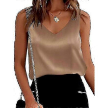 (Khaki,S)Womens Silk Satin Tank Tops V Neck Casual Cami Sleeveless Camisole Blouses