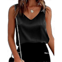 (Black,L)Womens Silk Satin Tank Tops V Neck Casual Cami Sleeveless Camisole Blouses