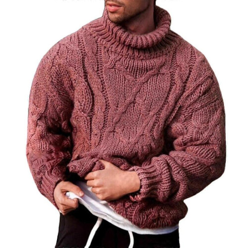 (2XL,Light Red)Men Chunky Knitted Jumper Roll Turtle Neck Warm Pullover Sweater Top