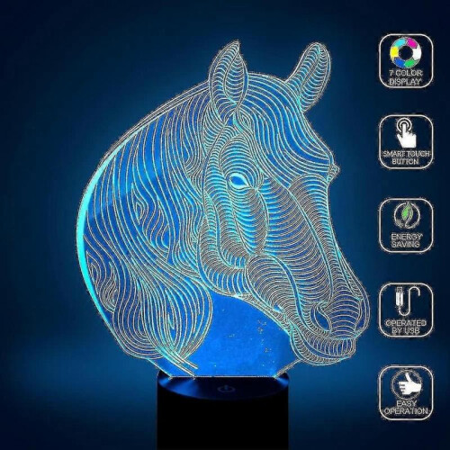 Horse Night Light, 3d Illusion Desk Table Lamp Nightlight for Kids Smart Touch Usb Powered 7 Color