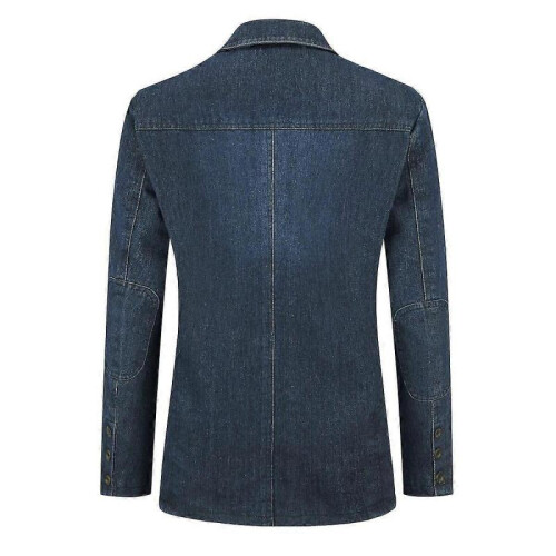 (S,Dark Blue)Mens Regular Fit Denim Blazer Casual 3 Buttons Multi-pocket Suit Jacket 2