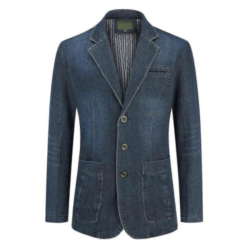 (L,Dark Blue)Mens Regular Fit Denim Blazer Casual 3 Buttons Multi-pocket Suit Jacket