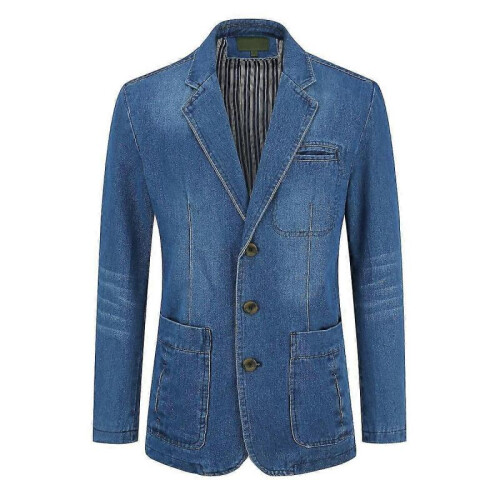 (M,Light Blue)Mens Regular Fit Denim Blazer Casual 3 Buttons Multi-pocket Suit Jacket