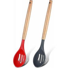 2 Pieces Silicone Spoon with Wooden Handle 12.4 Inch Non-stick Slotted Serving Spoon Heat-resistant Cooking Utensil Spoons for Kitchen Baking Stirring