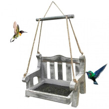 (WHITE) Mini Garden Bench Bird Perching Feeder Tree Branch Balcony Hanging Wood Chair Swing Bird Feeder Bean Corn Seeds Sieve Holder