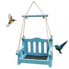 (Blue) Mini Garden Bench Bird Perching Feeder Tree Branch Balcony Hanging Wood Chair Swing Bird Feeder Bean Corn Seeds Sieve Holder