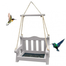 (GRAY) Mini Garden Bench Bird Perching Feeder Tree Branch Balcony Hanging Wood Chair Swing Bird Feeder Bean Corn Seeds Sieve Holder