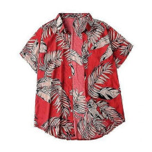 (red, S) Men Shirt Lapel Leaf Print Lightweight Short Sleeve Buttons Hawaiian Shirt For Club