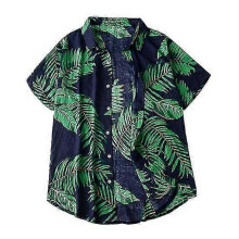 (green, 3XL) Men Shirt Lapel Leaf Print Lightweight Short Sleeve Buttons Hawaiian Shirt For Club