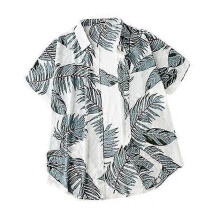 (grey, L) Men Shirt Lapel Leaf Print Lightweight Short Sleeve Buttons Hawaiian Shirt For Club