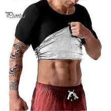 (XL,silver)Sauna Shirt Short Sleeve Sweat Top Elastic Round Neck Heat-producing Calorie Burning Weight Loss Solid Color Men Gym Exercise Sport Top