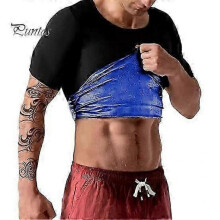 (XXXL,blue)Sauna Shirt Short Sleeve Sweat Top Elastic Round Neck Heat-producing Calorie Burning Weight Loss Solid Color Men Gym Exercise Sport Top