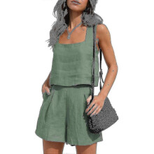 (L, Bean green) Womens 2 Piece Outfits Matching Sets, Linen Shorts Crop Tops Summer Vacation Set