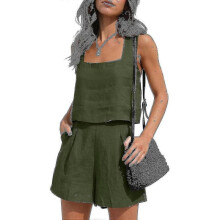 (2XL, Green) Womens 2 Piece Outfits Matching Sets, Linen Shorts Crop Tops Summer Vacation Set