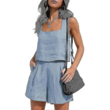 (2XL, Blue) Womens 2 Piece Outfits Matching Sets, Linen Shorts Crop Tops Summer Vacation Set